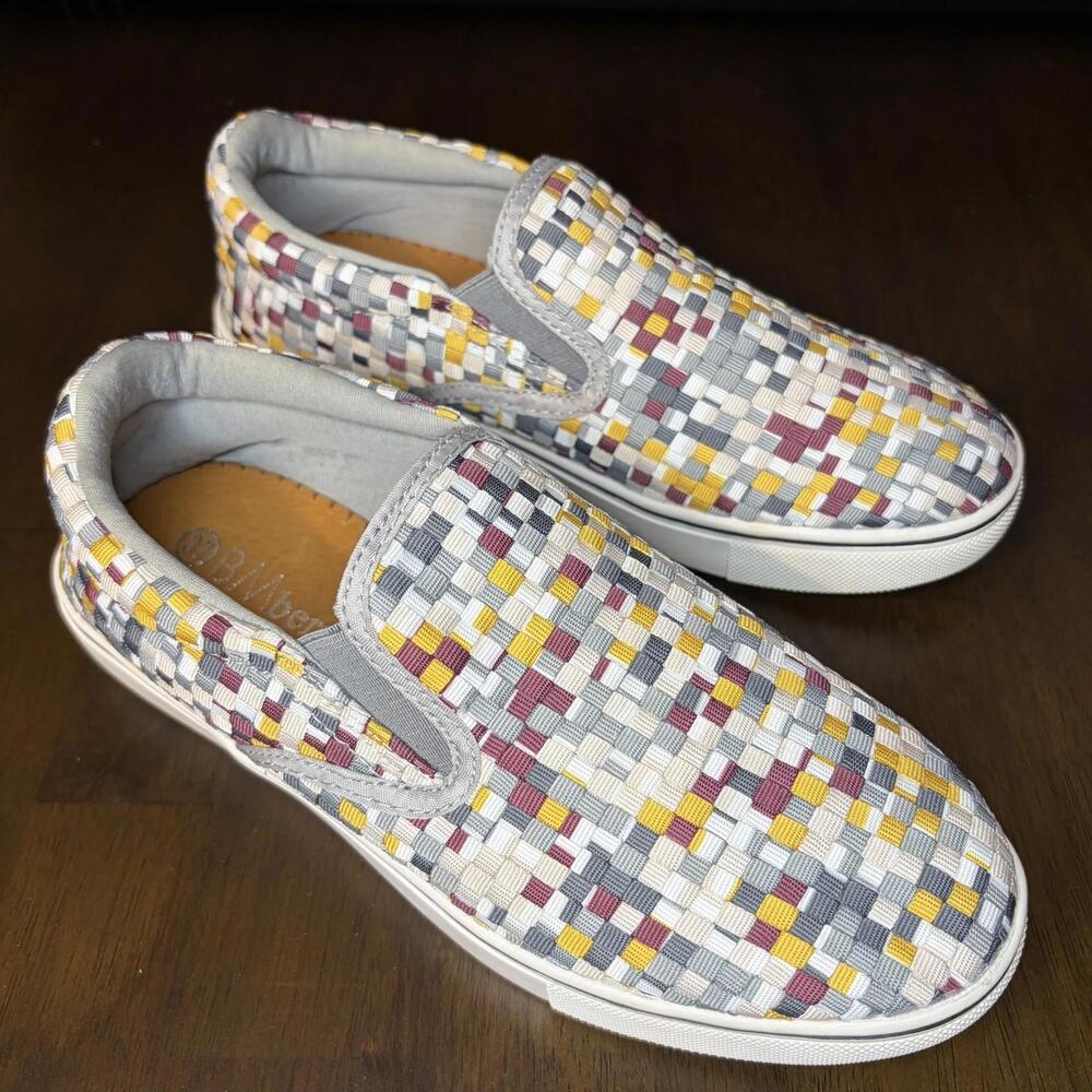 Bernie Mev Shoes Women’s 37/6.5-7 Gray Maroon Tan Slip On Comfy Fall Vibes
